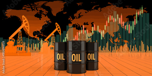 Oil barrels and pumpjacks with stock market graph in background