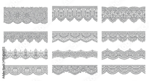 Intricate black and white lace patterns arranged in a grid on a white background