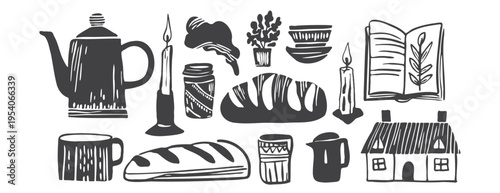 Cottagecore lifestyle set: rustic linocut vector illustrations with cozy house, book, bread, candles, coffee pot and kitchen tableware, hand drawn black ink stamp for farmhouse and hygge design