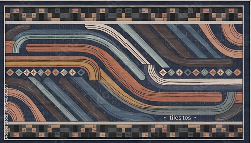 Modern Abstract Rectangle Carpet Design With Flowing Curved Stripes in Navy Blue, Terracotta, Muted Sage and Brown With Geometric Diamond Border and Mid-Century Aesthetic