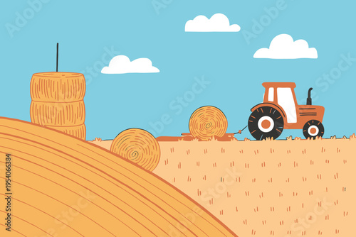 Tractor pulling hay baler in a field with hay bales under a blue sky