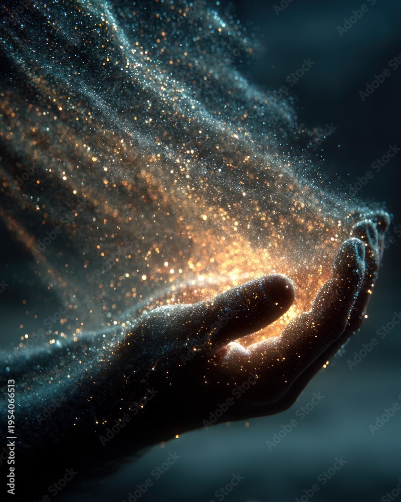 Fototapeta premium A hand, cupped and open, glows with golden particles streaming into the darkness