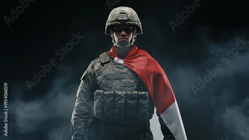 Soldier in uniform with a red and white flag standing in a dark setting