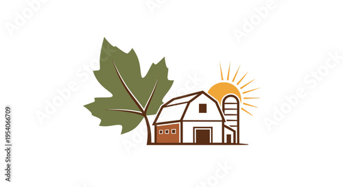 Rural Farm House and Silo with Maple Leaf and Sun Symbolizing Agriculture on Isolated White Background