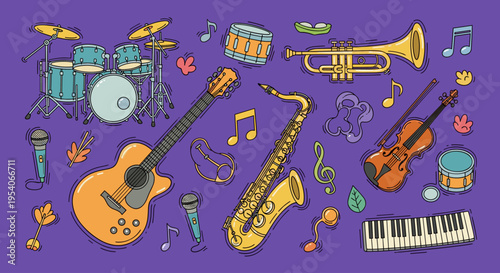 Musical Instruments Collection Guitar Saxophone.