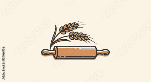 Rustic Wheat Ears and Wooden Rolling Pin on a Bright Studio Background