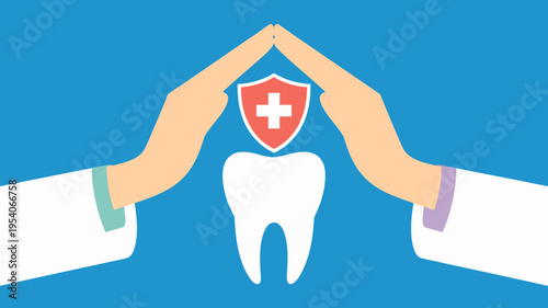 Dentist hands protecting tooth with medical shield on blue background