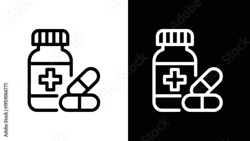 Medicine bottle and capsules icon in black and white isolated on white and black background