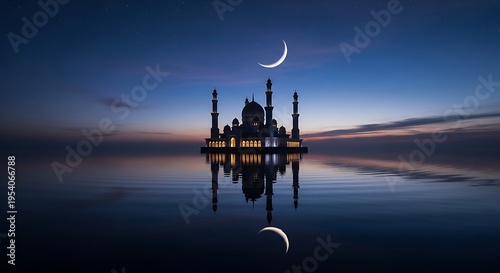 Tranquil mosque silhouette under crescent moon at dusk reflected in water