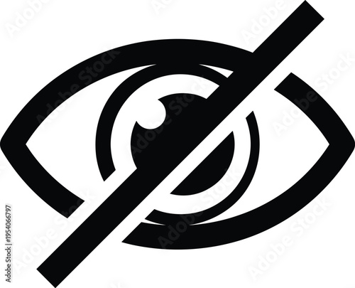 Minimalist hide password eye icon with slash, black silhouette invisible vision symbol, professional web interface privacy security vector illustration for app