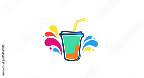 Vibrant colorful drink in a plastic cup with a straw and splash effect, isolated white background.