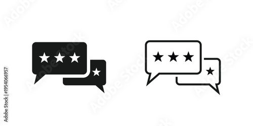 Black and white vector icons depicting speech bubbles with varying numbers of stars indicating ratings 5 star or 3 star high-quality