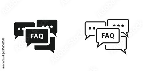 Black and white illustration depicting two sets of speech bubbles with FAQ text inside high-quality professional