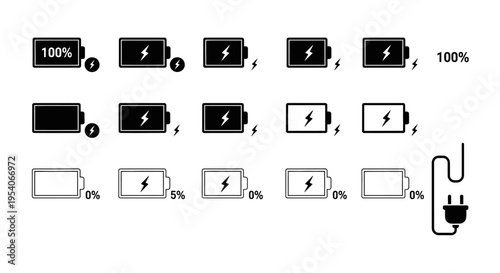 Set of black battery and charging icons showing specific power levels and an electric plug connection on isolated white background.