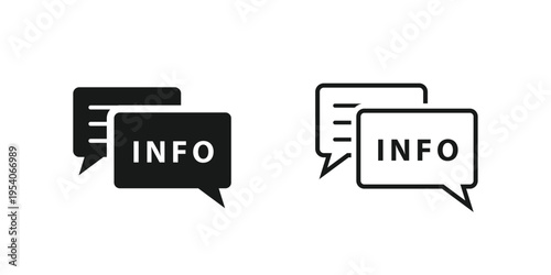 Two black speech bubbles display the word info in capital letters representing communication or information sharing