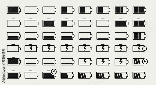 Extensive set of outline battery level indicators showing various charge statuses and charging symbols on isolated white background.