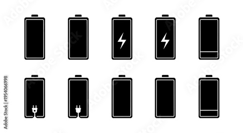 Set of solid black battery icons showing various charge levels and charging symbols on isolated white background.