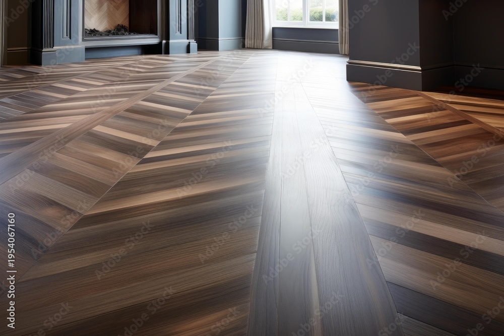 Fototapeta premium Herringbone patterned wood floor reflecting light in a modern, luxurious interior