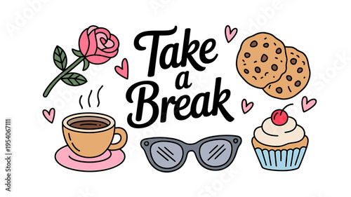 Take a break with coffee cupcake cookies rose and sunglasses icons
