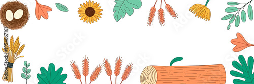 Autumn leaves and plants border with nest and sunflower on transparent background