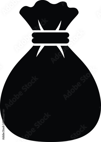 Money bag icon, black silhouette sack symbol, financial wealth concept, savings deposit sign, banking treasure container, investment profit graphic,