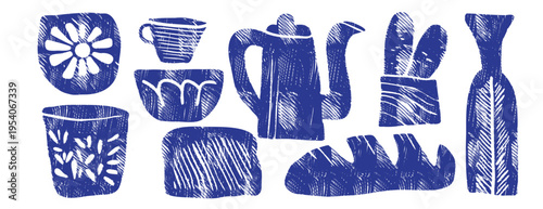 Cottagecore breakfast set: blue cobalt linocut vector food illustrations with bread, baguette, moka pot, pottery vase and ceramic mug, rustic kitchen tableware in indigo hand drawn ink stamp style