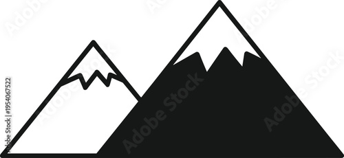 Mountain peak silhouette, snowy summits icons, black white nature landscape, outdoor adventure travel elements, simple vector illustration design, climbing