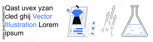 Innovation, mobile apps, research, data , growth analysis, laboratory science. A person inside a digital interface, arrows and a laboratory flask. Research and innovation