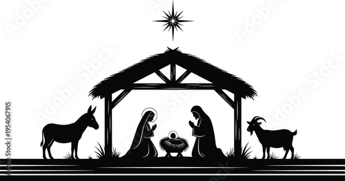 Nativity scene silhouette with baby Jesus Mary Joseph in stable under Christmas star with donkey and goat cad drawing flat vector illustration flavector.