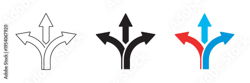 Three way directional arrow choices option icon, road traffic direction, alternate route vector, transparent background, navigation, signage, directional symbol, travel, path icon