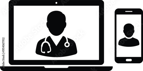 Online doctor consultation, telemedicine, digital healthcare, medical service on laptop and smartphone, telehealth, virtual clinic, physician, vector illustration