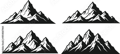 Mountain silhouettes, wilderness peaks, outdoor adventure badges, nature landscape elements, rocky timberline icons for design, black isolated vector illustrations.