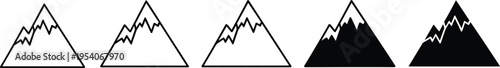 Mountain triangle icons, snowy peak silhouettes, outdoor adventure logo symbols, nature landscape line art, geometric wilderness climbing graphics, summit travel signs