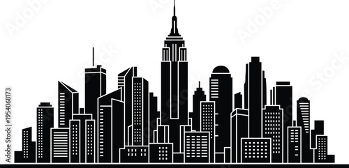 New York City skyline silhouette with Empire State Building and skyscrapers, urban cityscape vector illustration isolated on white background, Manhattan downtown.