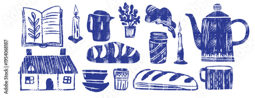Cottagecore lifestyle set: blue linocut vector illustrations with cozy house, bread, coffee pot, book and kitchen tableware, rustic hand drawn ink hatch and crosshatching style for hygge farmhouse