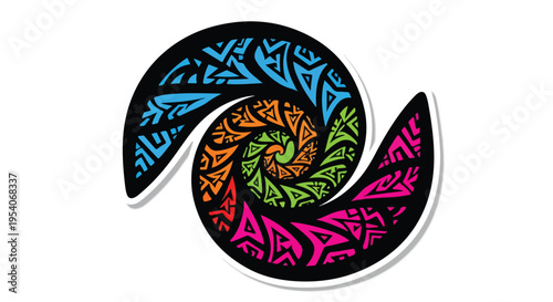 Vibrant spiral tribal art design with colorful patterns on a white background, showcasing a mix of blue, orange, green, and pink hues in a stylized swirl