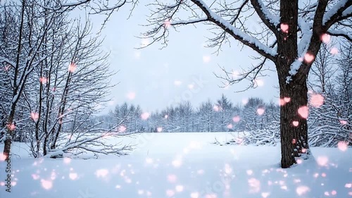 Snowy Landscape with Trees and Falling Hearts.