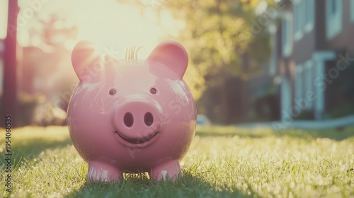 Wallpaper Mural A happy pink piggy bank sits on green grass under warm sunlight, representing financial savings and investment opportunities. Torontodigital.ca