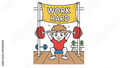 A cartoon boy lifting weights under a work hard motivational banner