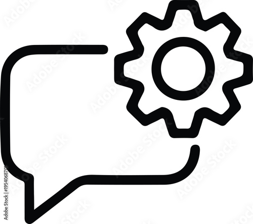 Chat Bubble with Gear Icon Symbol, Minimal line icon showing a speech bubble combined with a gear, representing settings, communication, support, or customizable messaging features.
