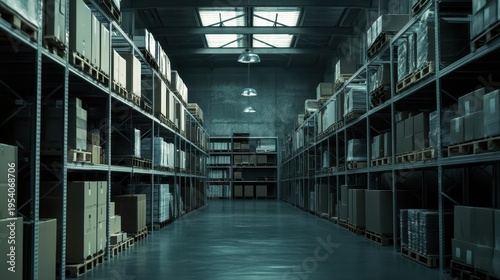 Wallpaper Mural A vast, modern warehouse interior with organized shelving and ambient lighting, showcasing efficient logistics and storage solutions Torontodigital.ca