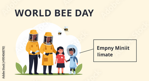Cheerful World Bee Day illustration featuring adult beekeepers alongside happy children in protective gear, celebrating importance of pollinators. Concept World Bee Day for educational materials,
