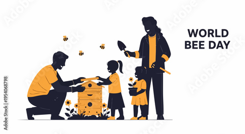 Family celebrating World Bee Day, caring for beehive with bees and sunflowers. Parents and children demonstrate beekeeping, environmental protection, importance of pollinators.