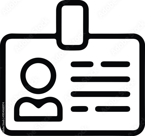 ID badge icon with user profile details, Simple line icon of an identification badge showing user avatar and text lines, representing personal ID, employee card, or access credential.