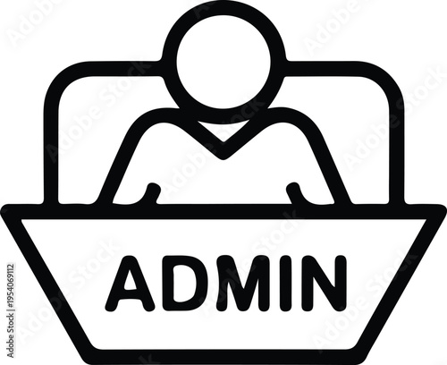 Admin User Icon Symbol Simple Interface Graphic, Minimalist admin user icon showing a person behind a desk with label, representing administration, control panel access, and system management roles.