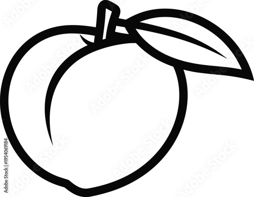 Peach outline vector illustration with leaf and stem, isolated on white background, simple fruit icon line art for healthy food design.