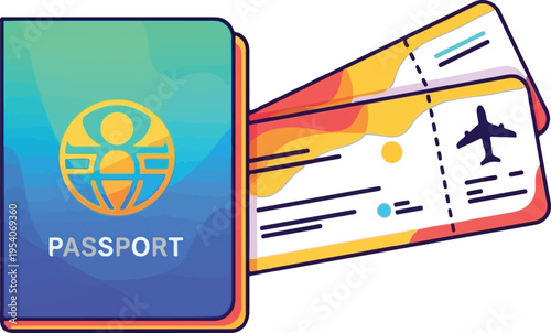 A vibrant illustration of a travel passport alongside two boarding passes for international travel