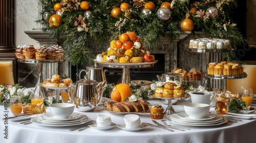Wallpaper Mural An Elegant Holiday Brunch Setting with Festive Decorations and Abundant Delicious Treats Torontodigital.ca