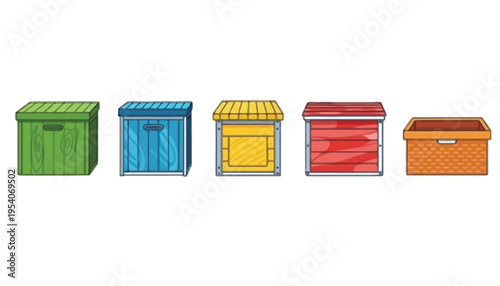 A colorful illustration of wooden crates in different shapes and sizes