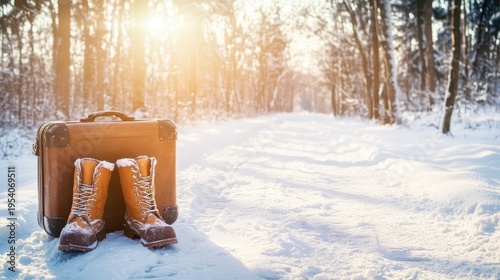 Wallpaper Mural Brown suitcase and winter boots on a snowy path with sunlight filtering through trees, ready for a cold weather adventure. Torontodigital.ca